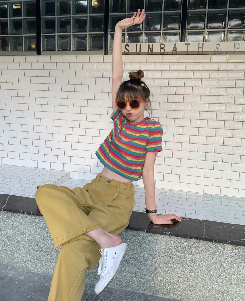 Women Rainbow Stripes Short Sleeve T-Shirt Top — feature 19