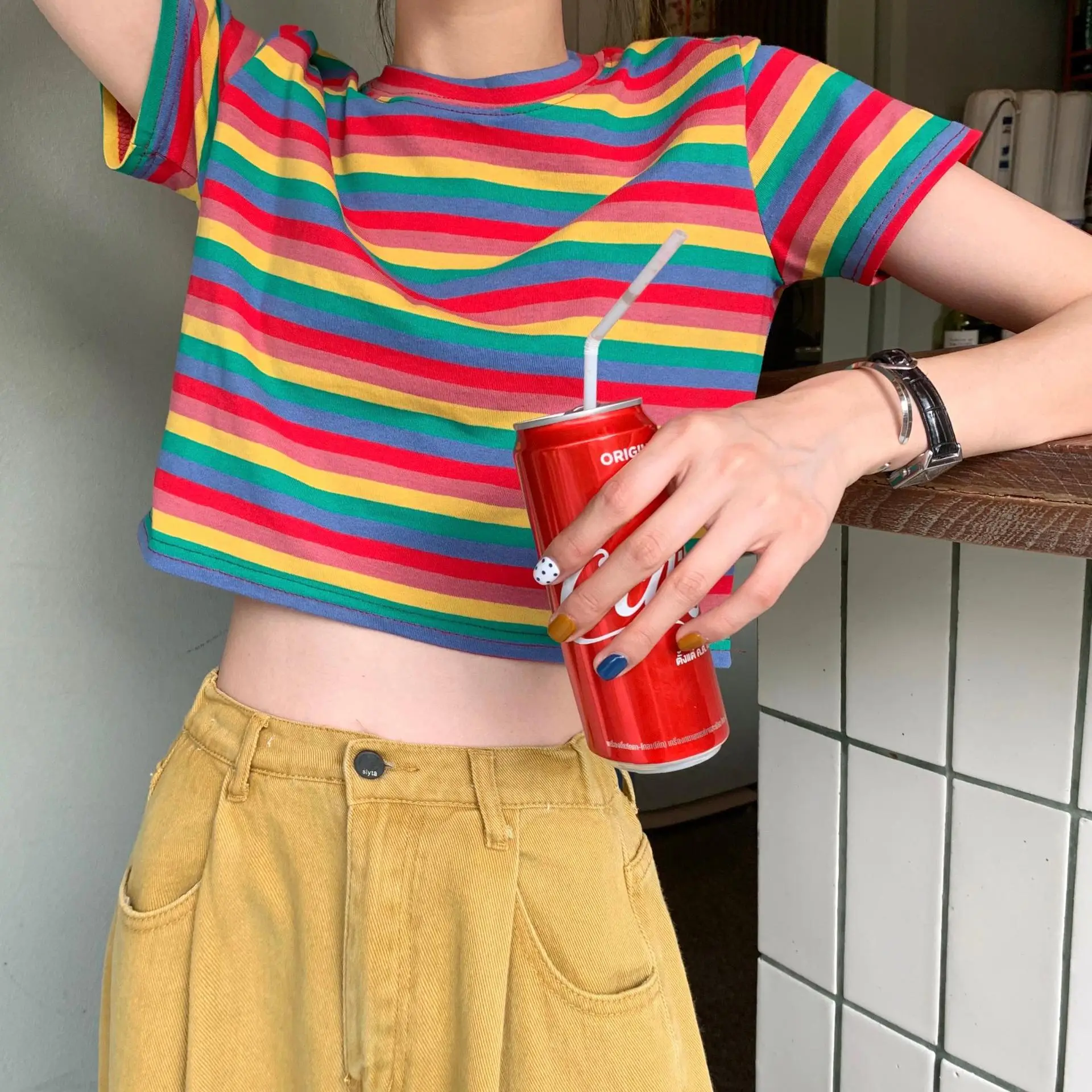 Women Rainbow Stripes Short Sleeve T-Shirt Top — feature 2