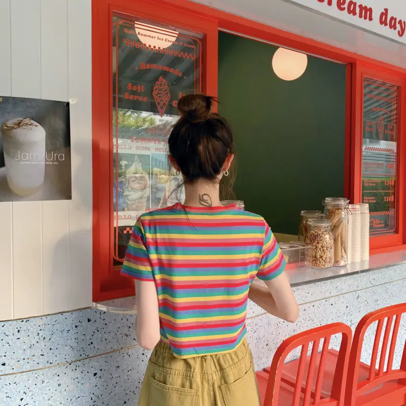 Women Rainbow Stripes Short Sleeve T-Shirt Top — feature 22