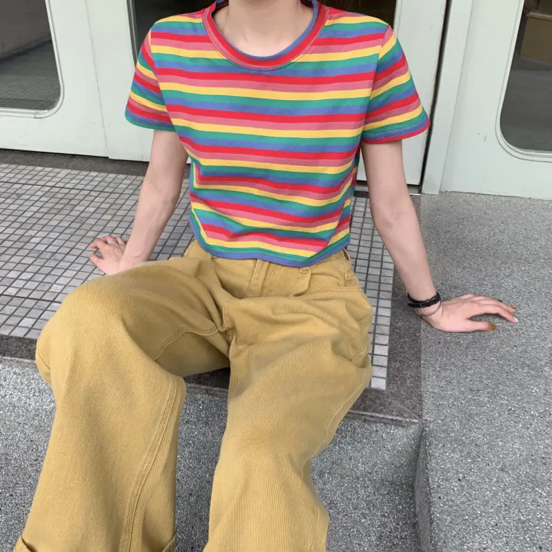 Women Rainbow Stripes Short Sleeve T-Shirt Top — feature 24