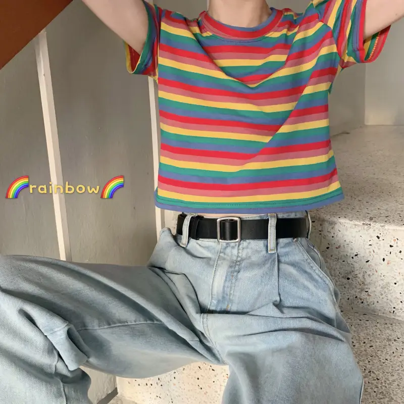 Women Rainbow Stripes Short Sleeve T-Shirt Top — feature 4