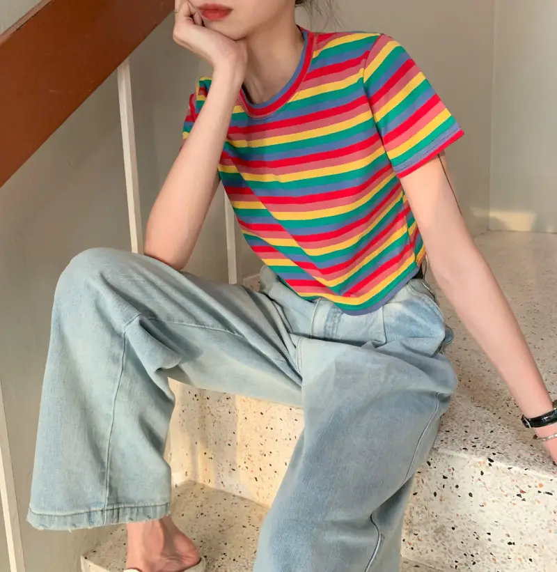Women Rainbow Stripes Short Sleeve T-Shirt Top — feature 6