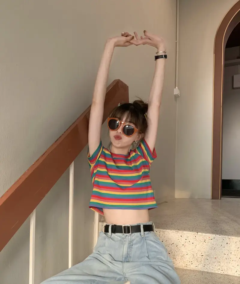 Women Rainbow Stripes Short Sleeve T-Shirt Top — feature 7