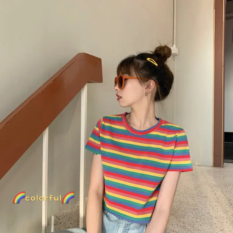 Women Rainbow Stripes Short Sleeve T-Shirt Top — feature 8