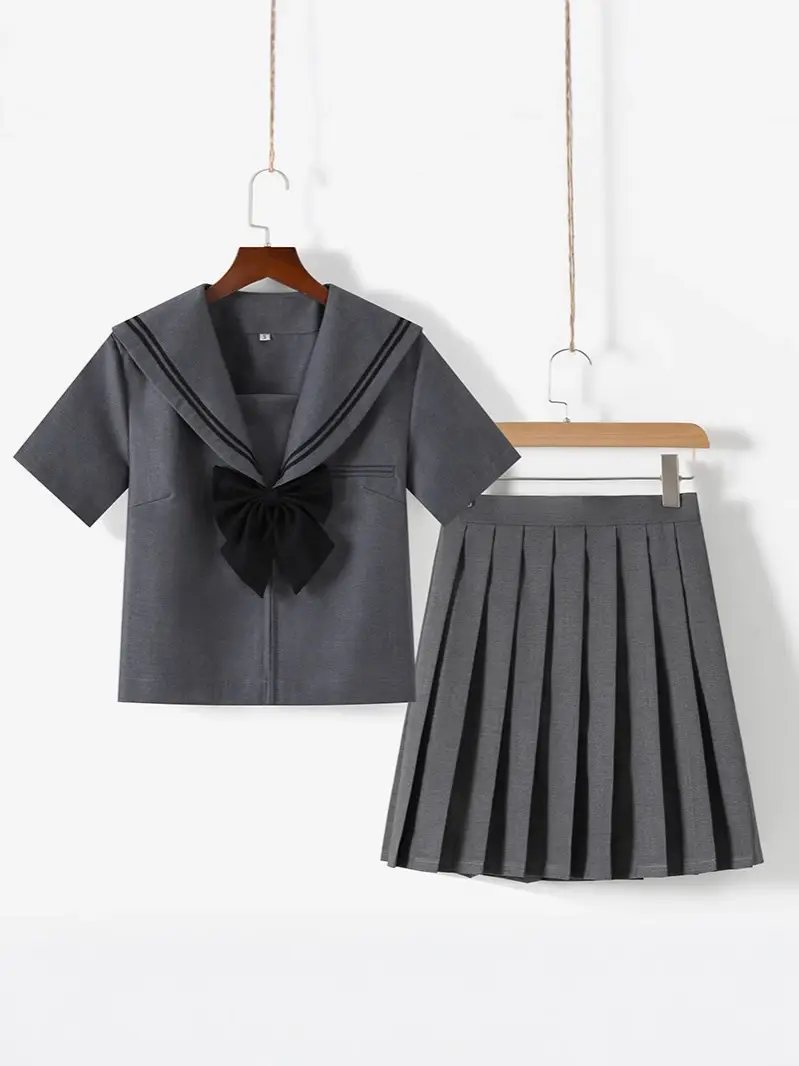 Gray Polo Button Jacket for Women with Pleated Skirt - Image 8