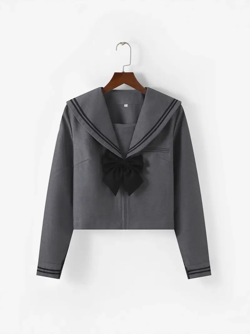 Gray Polo Button Jacket for Women with Pleated Skirt - Image 9