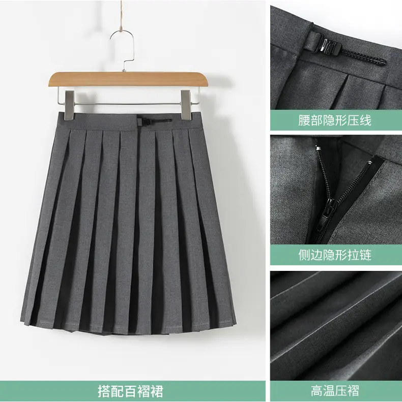 Gray Polo Button Jacket for Women with Pleated Skirt — feature 7