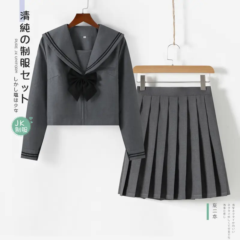 Gray Polo Button Jacket for Women with Pleated Skirt - Image 2
