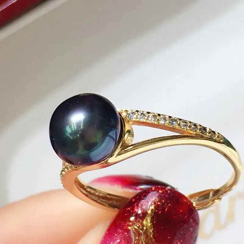 Women's Pearl Ring Black 7-8mm 18K Gold Plated - Image 3