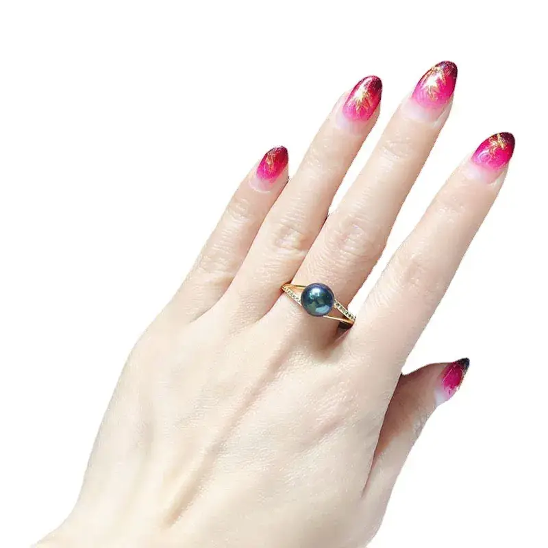 Women's Pearl Ring Black 7-8mm 18K Gold Plated - Image 6
