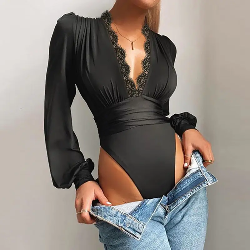 Purple Lace Trim Slim Bodysuit with Cut Out Back - Image 2