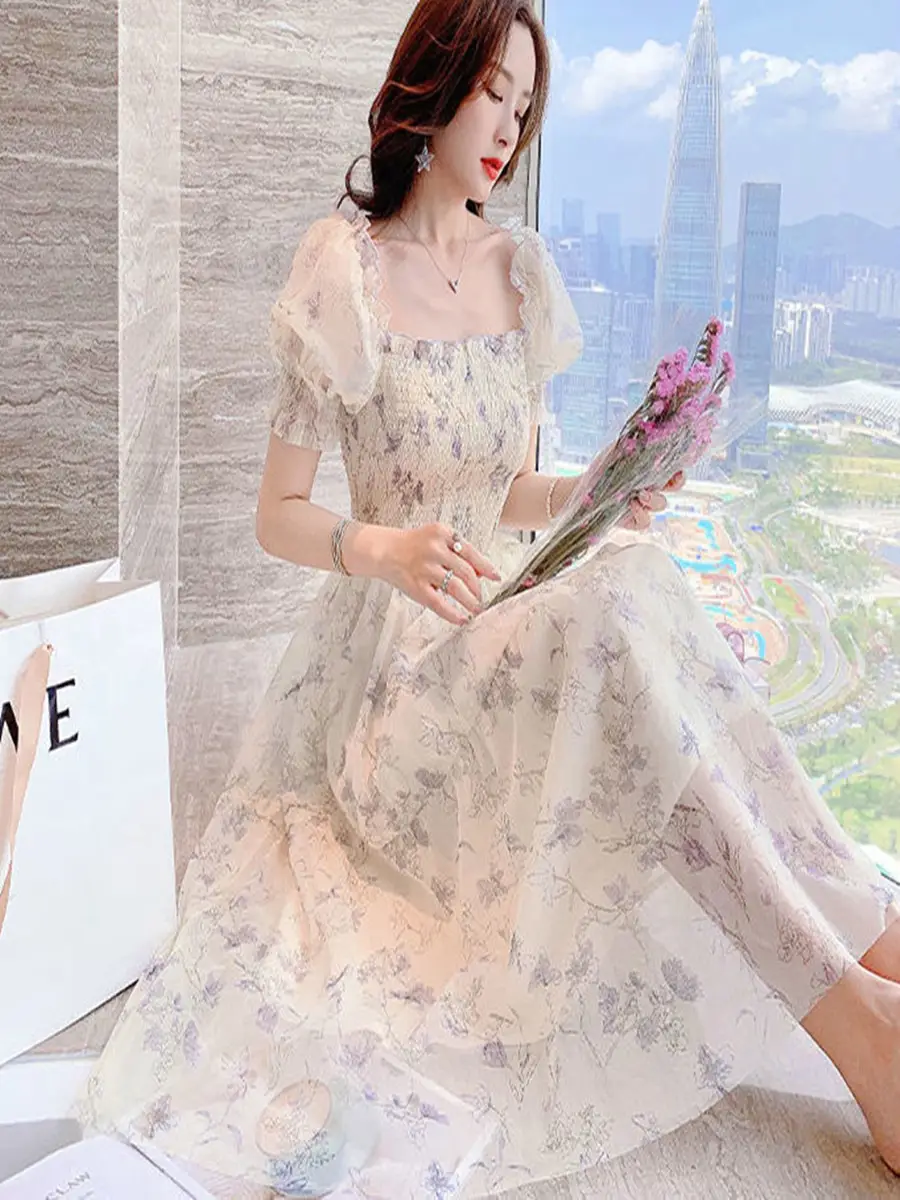 French Ink Floral Chiffon Dress Puff Sleeve Elegant Sweet Mid-Length Skirt