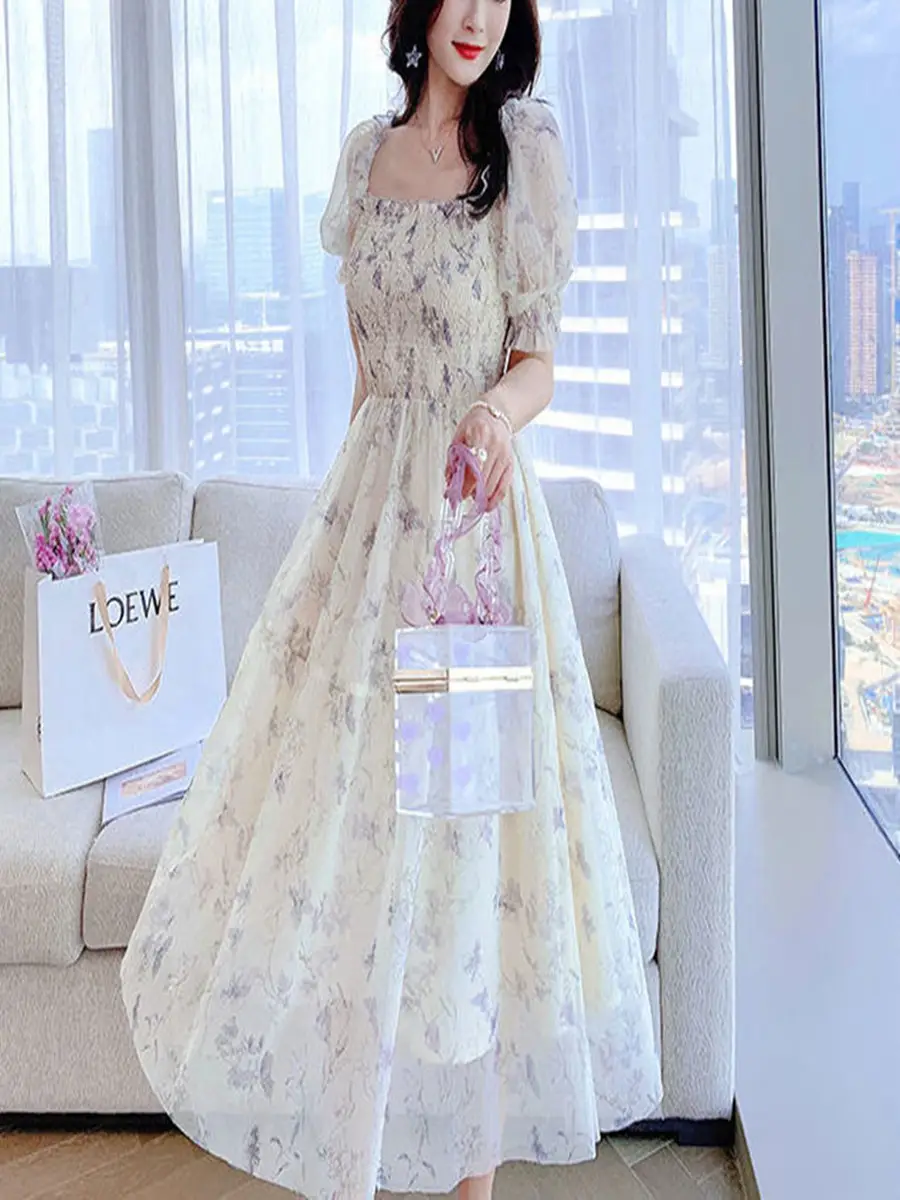 French Ink Floral Chiffon Dress Puff Sleeve Elegant Sweet Mid-Length Skirt
