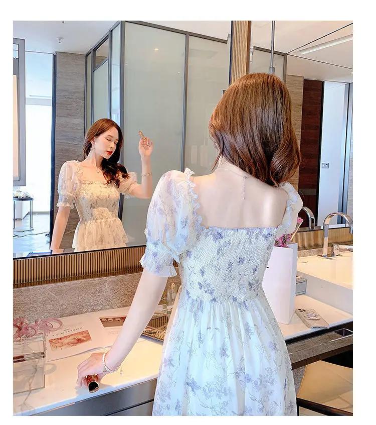 French Ink Floral Chiffon Dress Puff Sleeve Elegant Sweet Mid-Length Skirt — feature 10