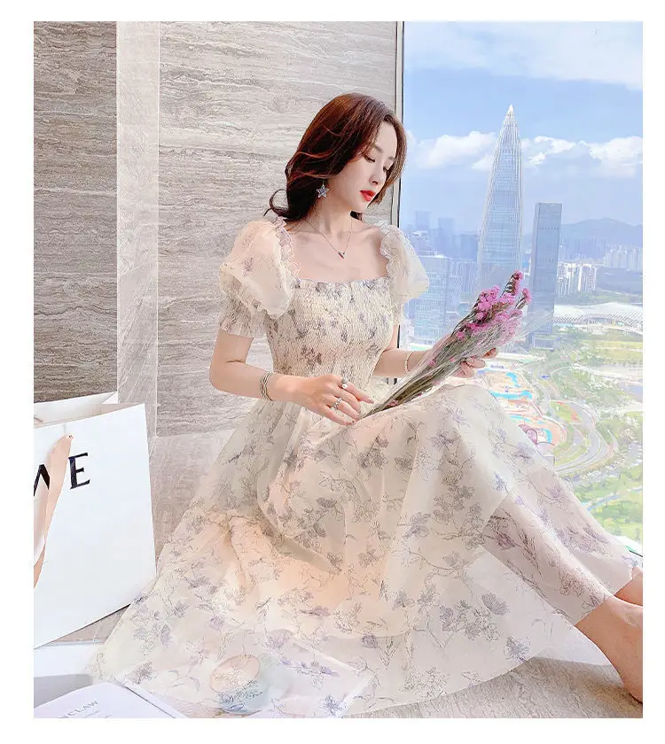 French Ink Floral Chiffon Dress Puff Sleeve Elegant Sweet Mid-Length Skirt — feature 18