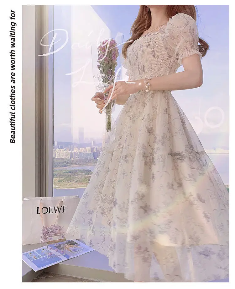 French Ink Floral Chiffon Dress Puff Sleeve Elegant Sweet Mid-Length Skirt — feature 19