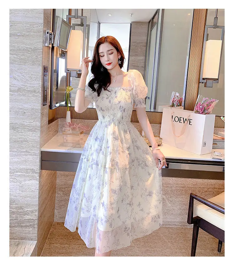 French Ink Floral Chiffon Dress Puff Sleeve Elegant Sweet Mid-Length Skirt — feature 20