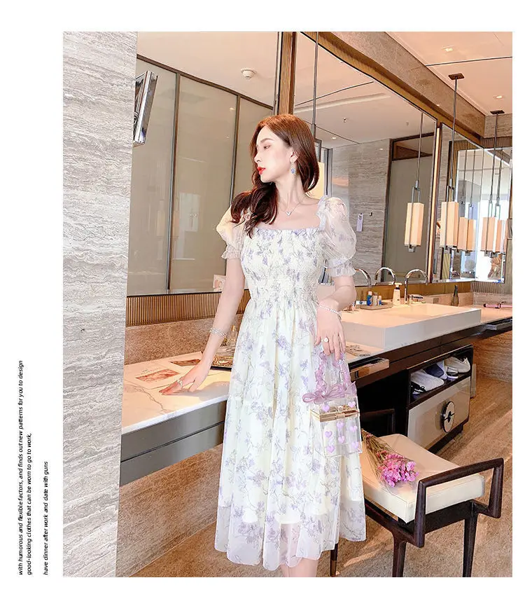 French Ink Floral Chiffon Dress Puff Sleeve Elegant Sweet Mid-Length Skirt — feature 22