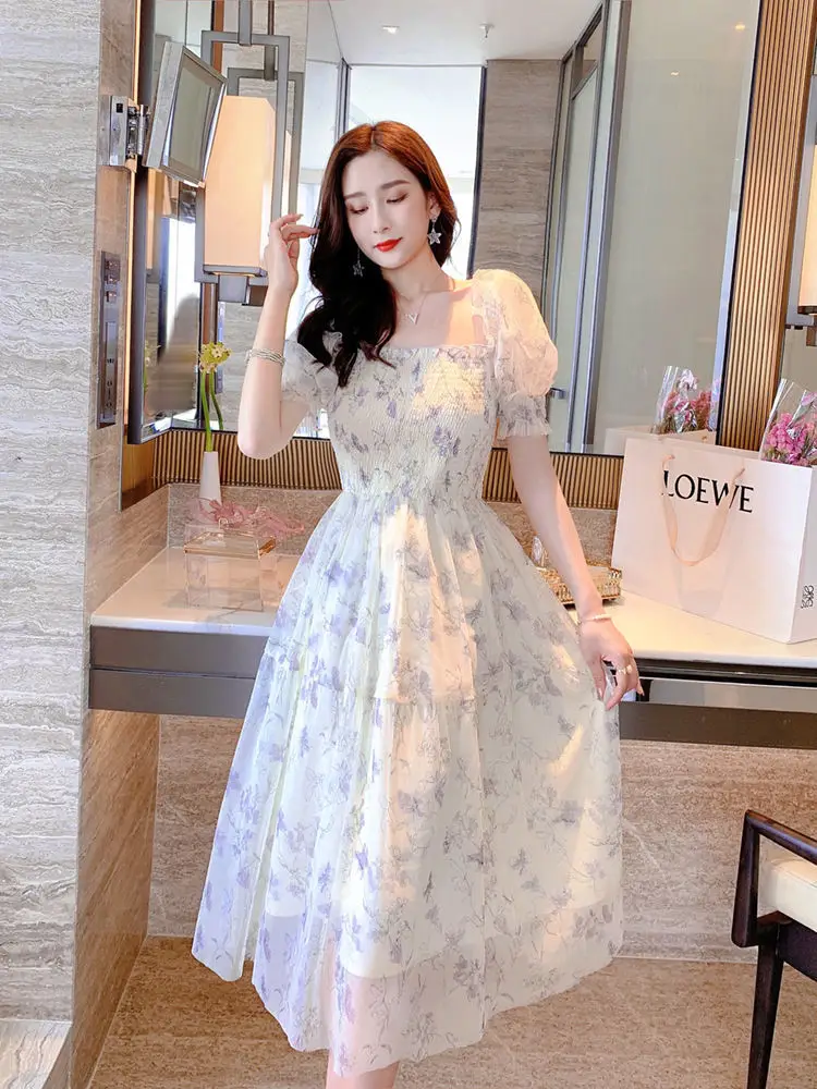 French Ink Floral Chiffon Dress Puff Sleeve Elegant Sweet Mid-Length Skirt — feature 24
