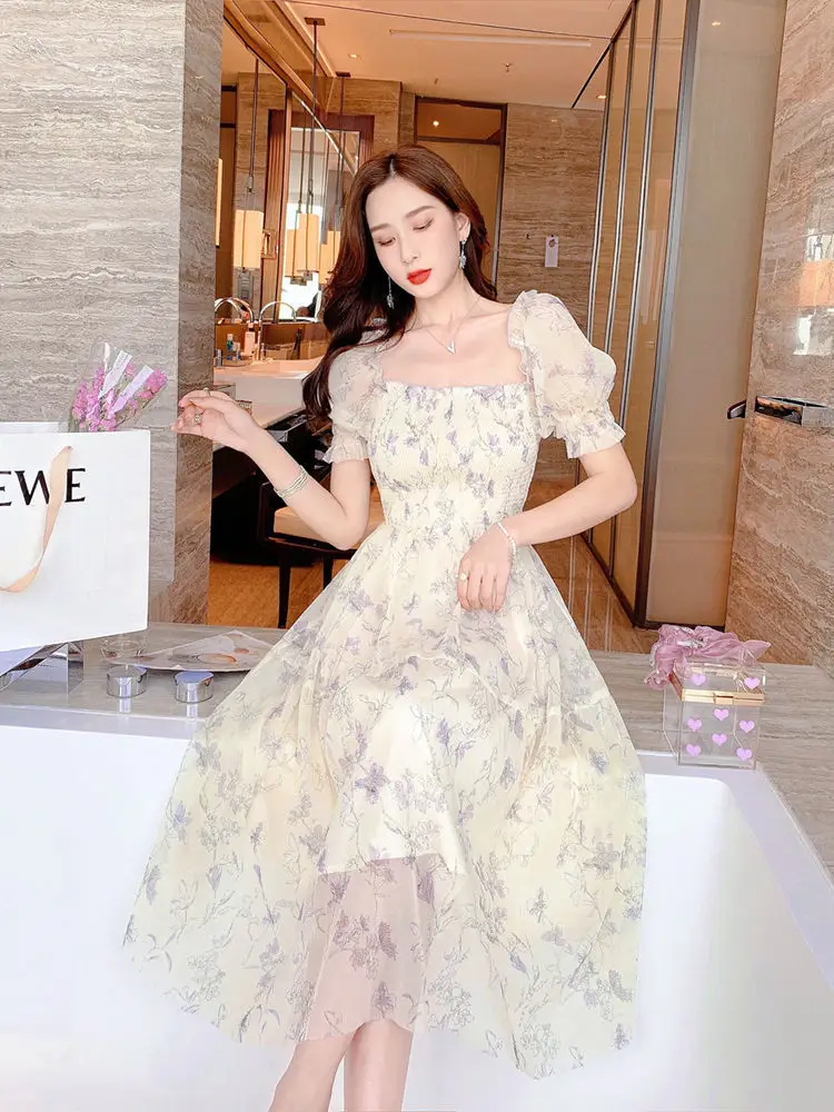 French Ink Floral Chiffon Dress Puff Sleeve Elegant Sweet Mid-Length Skirt — feature 25