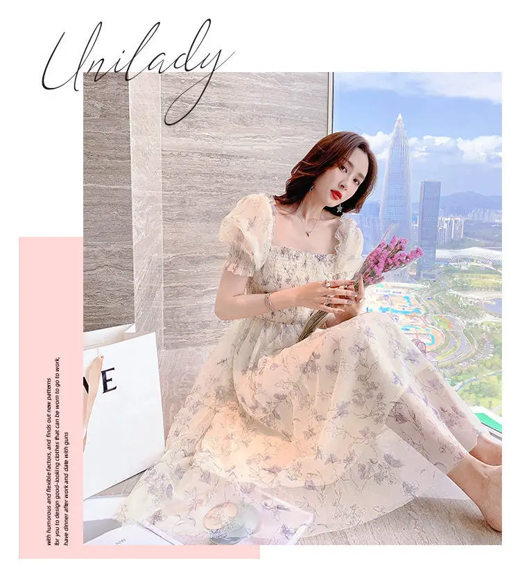 French Ink Floral Chiffon Dress Puff Sleeve Elegant Sweet Mid-Length Skirt — feature 3