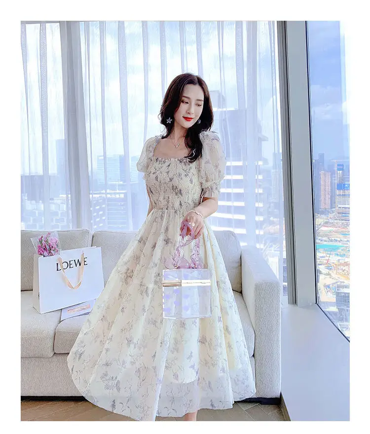French Ink Floral Chiffon Dress Puff Sleeve Elegant Sweet Mid-Length Skirt — feature 4