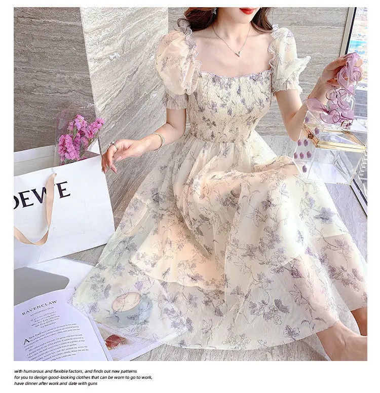 French Ink Floral Chiffon Dress Puff Sleeve Elegant Sweet Mid-Length Skirt — feature 6