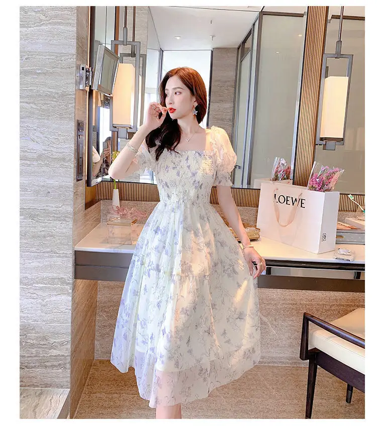 French Ink Floral Chiffon Dress Puff Sleeve Elegant Sweet Mid-Length Skirt — feature 8