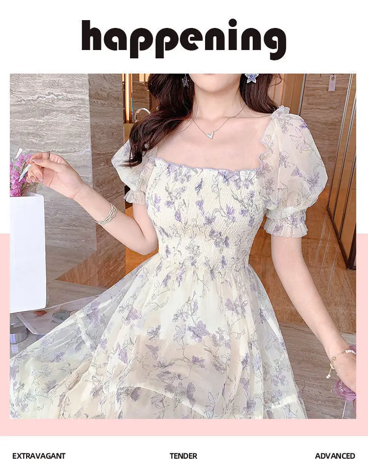 French Ink Floral Chiffon Dress Puff Sleeve Elegant Sweet Mid-Length Skirt — feature 9