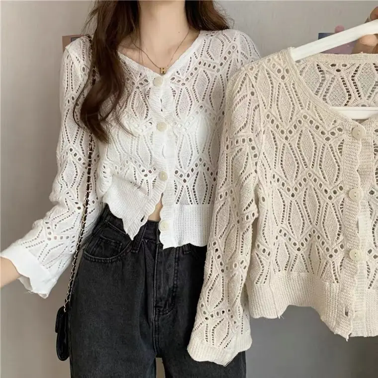 Hollow Knitted Sunscreen Blouse Women Spring Autumn