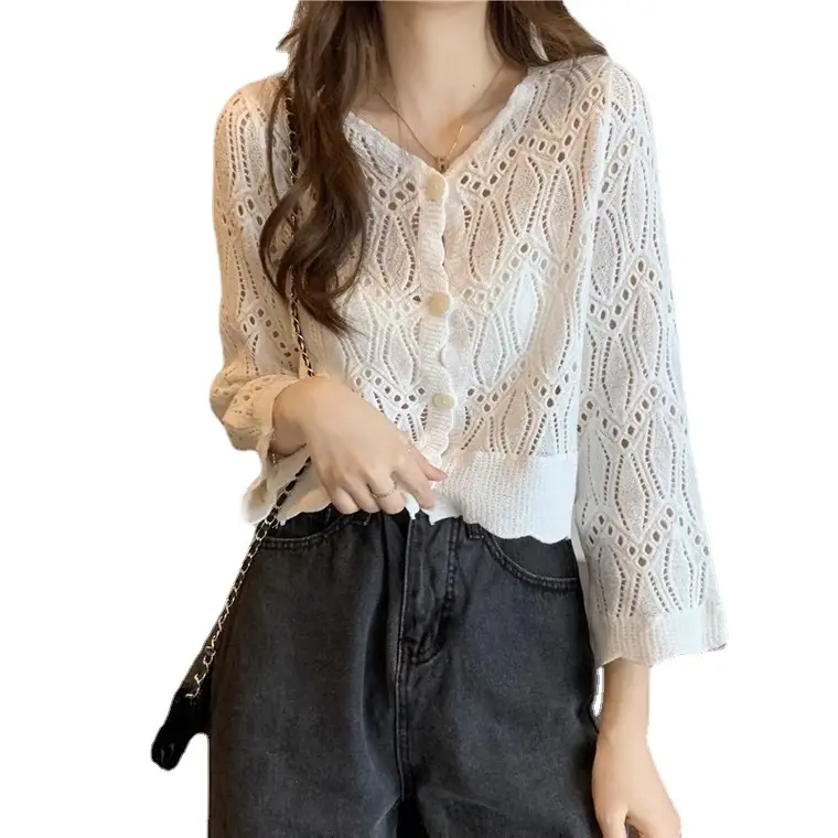 Hollow Knitted Sunscreen Blouse Women Spring Autumn