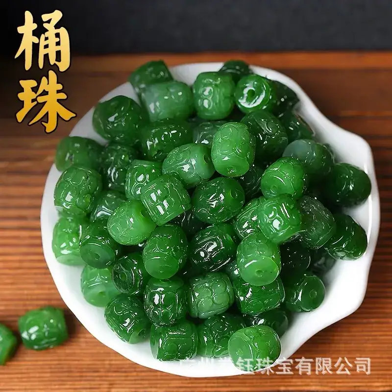 Green Jade Barrel Beads with Spinach Design - Image 2