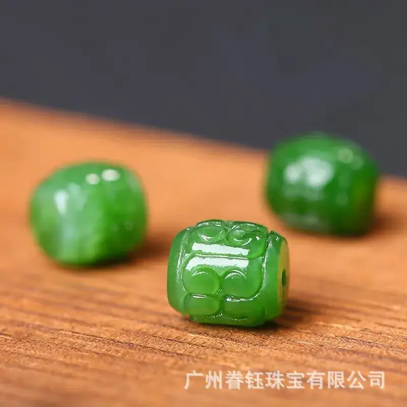 Green Jade Barrel Beads with Spinach Design - Image 3