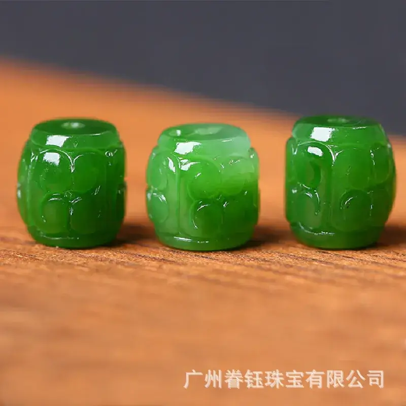 Green Jade Barrel Beads with Spinach Design - Image 4