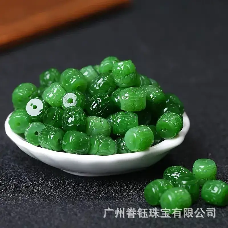 Green Jade Barrel Beads with Spinach Design - Image 5
