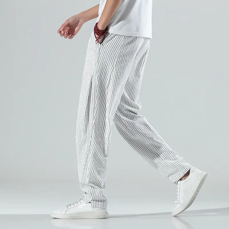 Men Striped Casual Pants Grey Linen Summer Wear