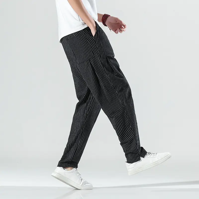 Men Striped Casual Pants Grey Linen Summer Wear