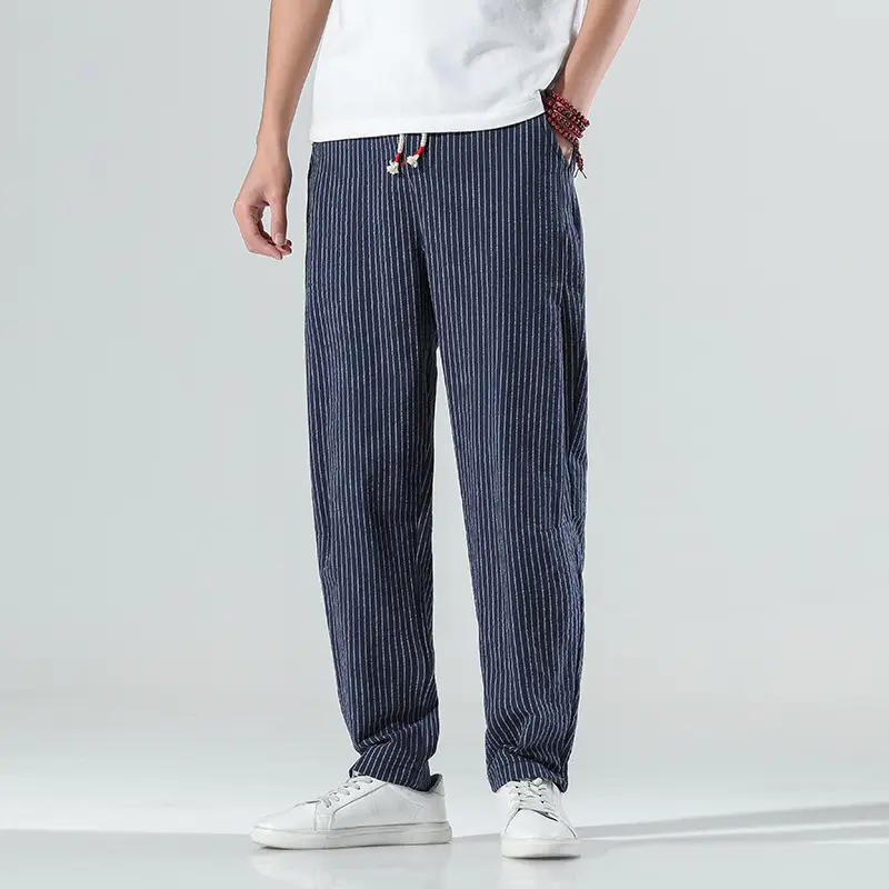 Men Striped Casual Pants Grey Linen Summer Wear