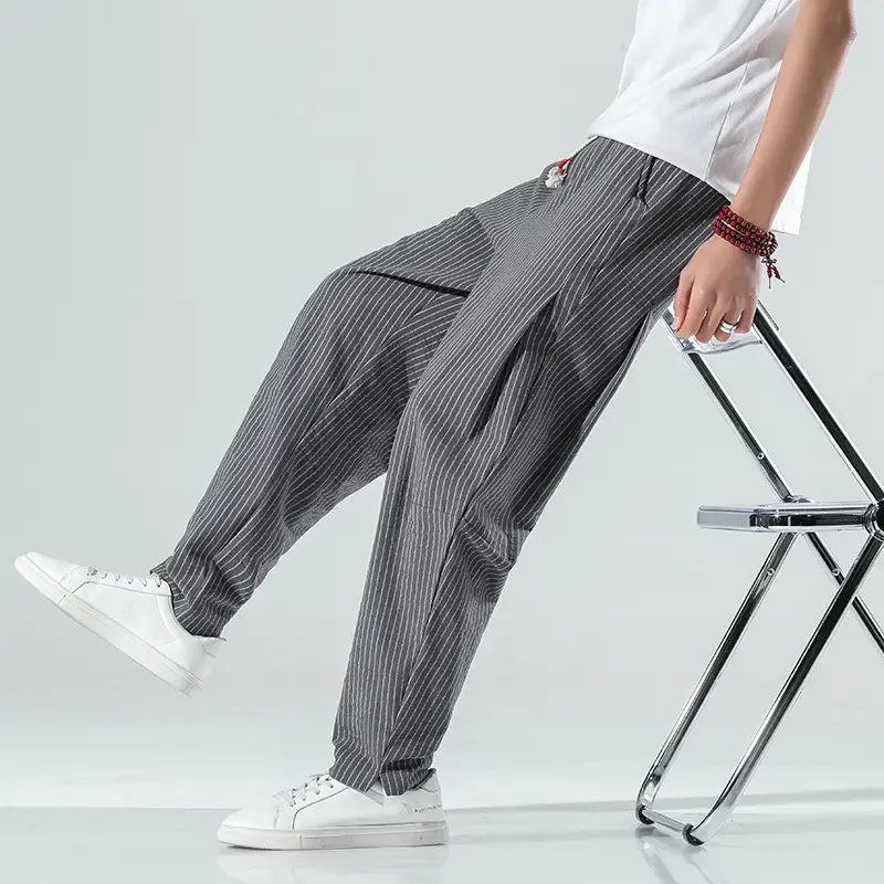 Men Striped Casual Pants Grey Linen Summer Wear