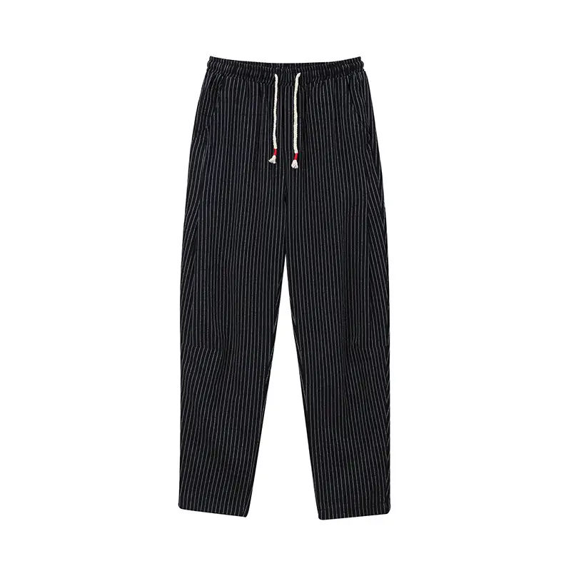 Men Striped Casual Pants Grey Linen Summer Wear