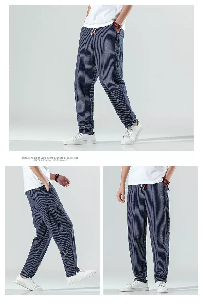 Men Striped Casual Pants Grey Linen Summer Wear — feature 11