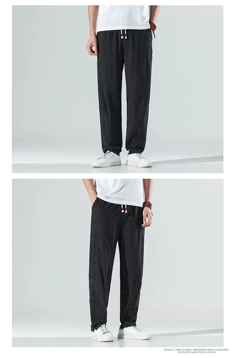 Men Striped Casual Pants Grey Linen Summer Wear — feature 14