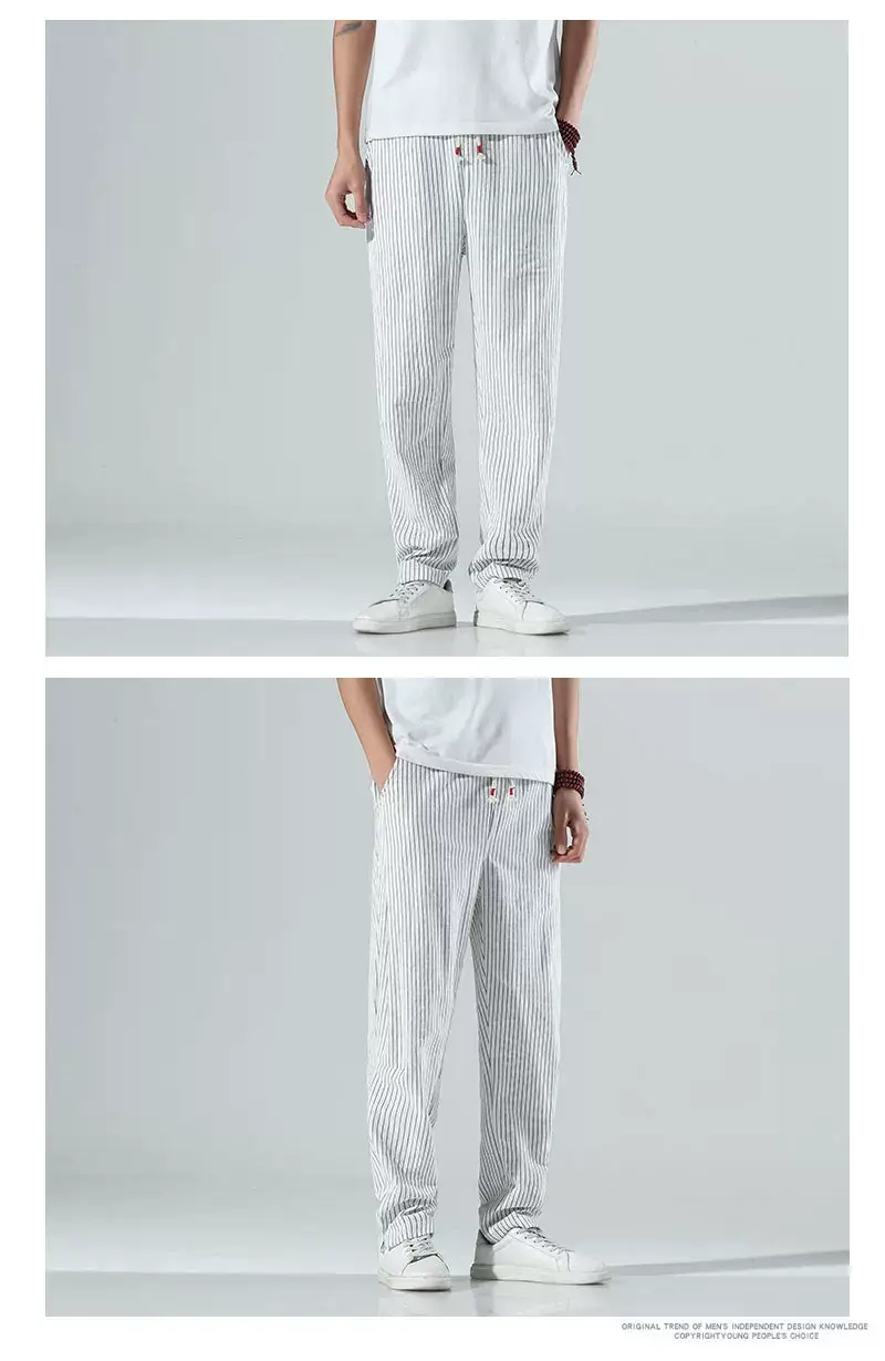 Men Striped Casual Pants Grey Linen Summer Wear — feature 2