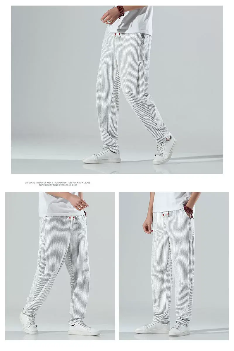 Men Striped Casual Pants Grey Linen Summer Wear — feature 3