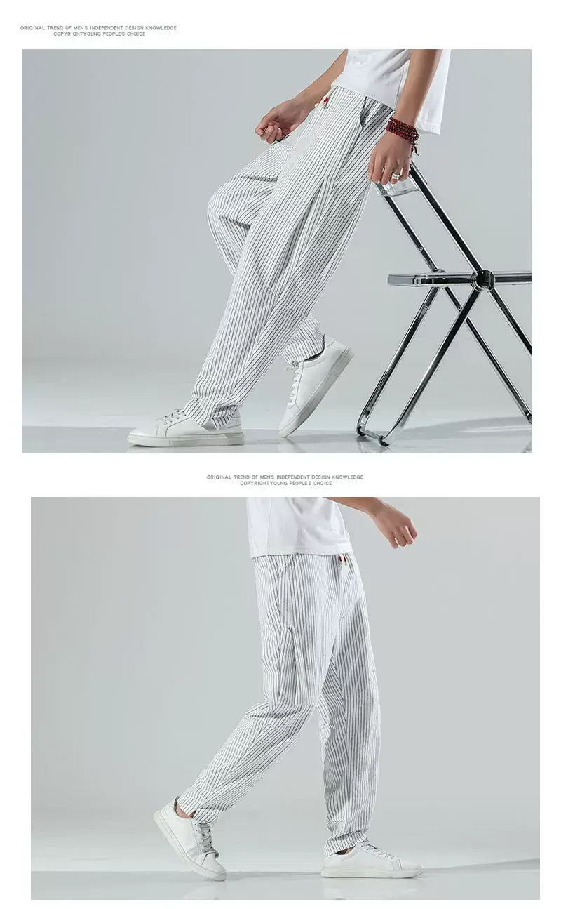 Men Striped Casual Pants Grey Linen Summer Wear — feature 4