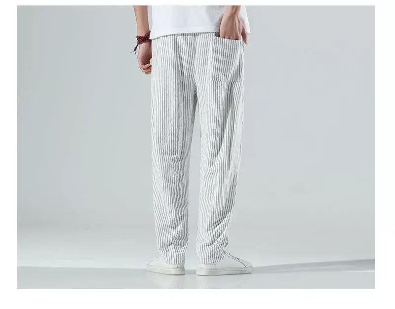 Men Striped Casual Pants Grey Linen Summer Wear — feature 5