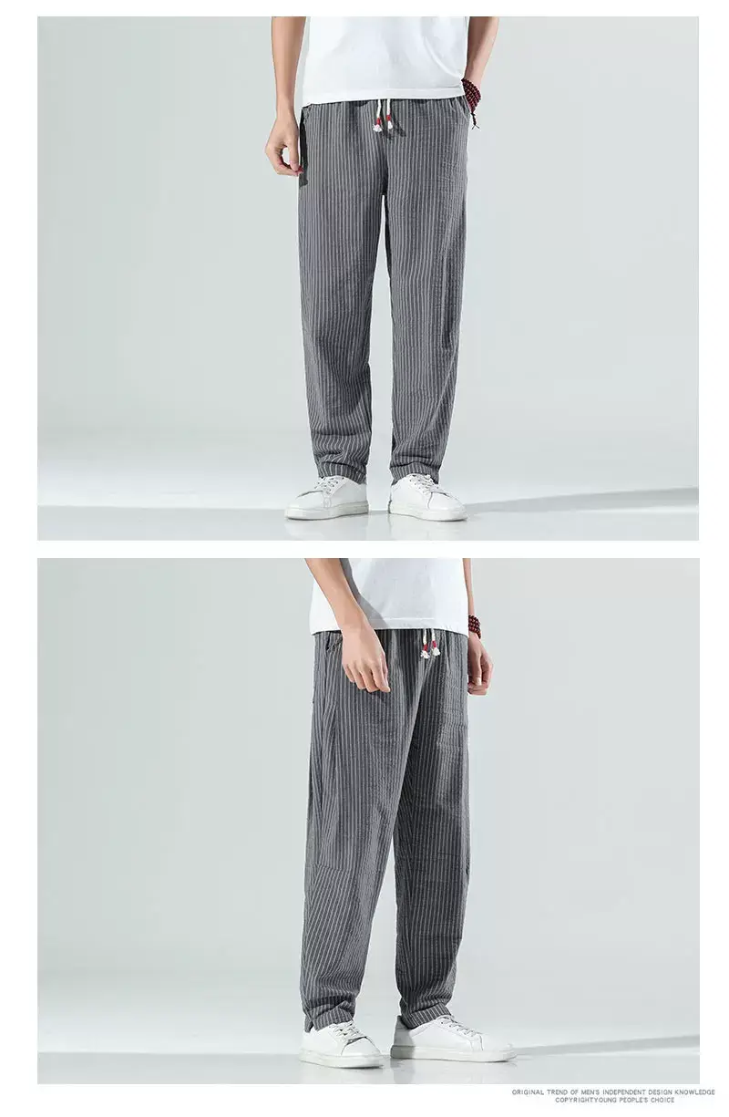 Men Striped Casual Pants Grey Linen Summer Wear — feature 6