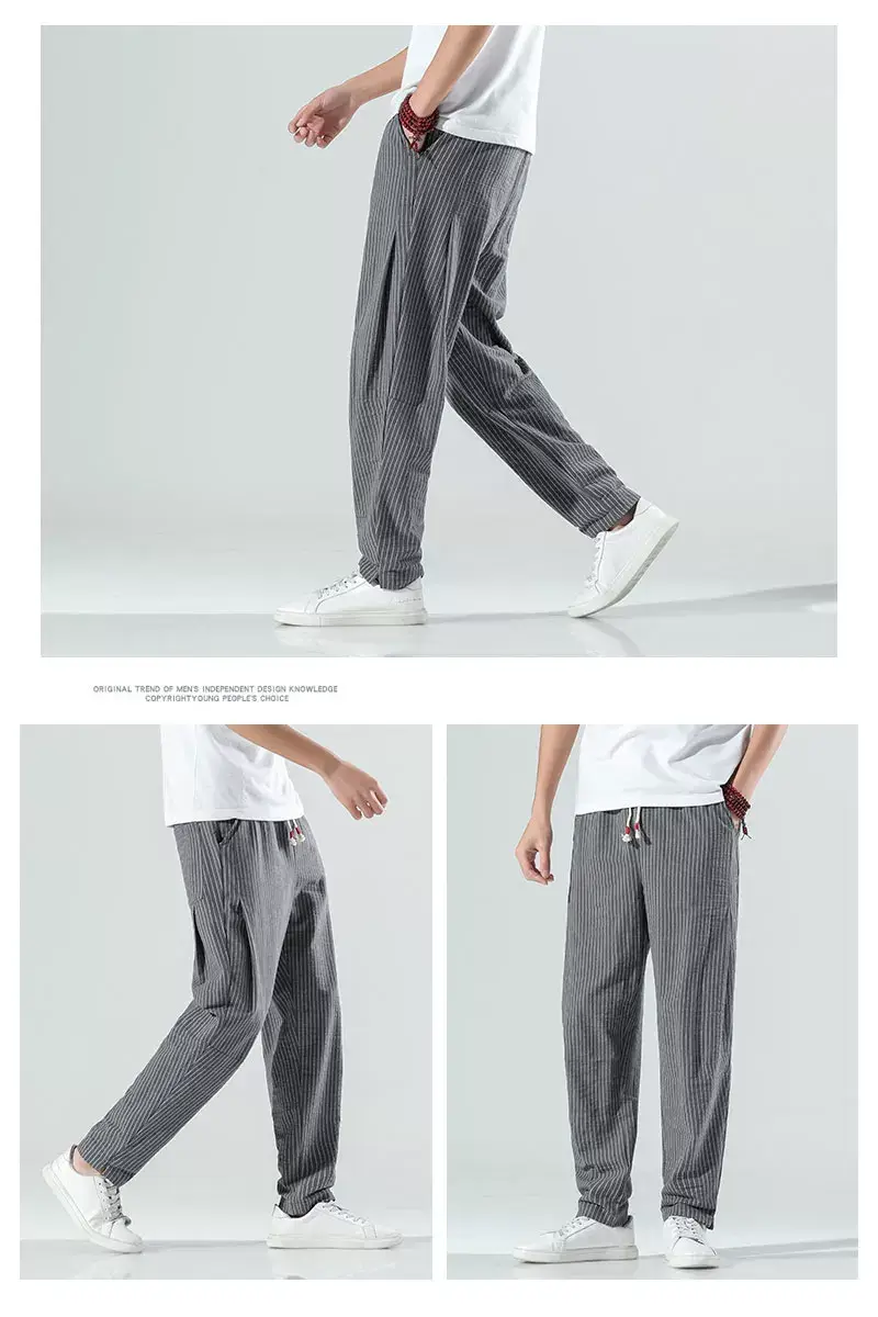 Men Striped Casual Pants Grey Linen Summer Wear — feature 7