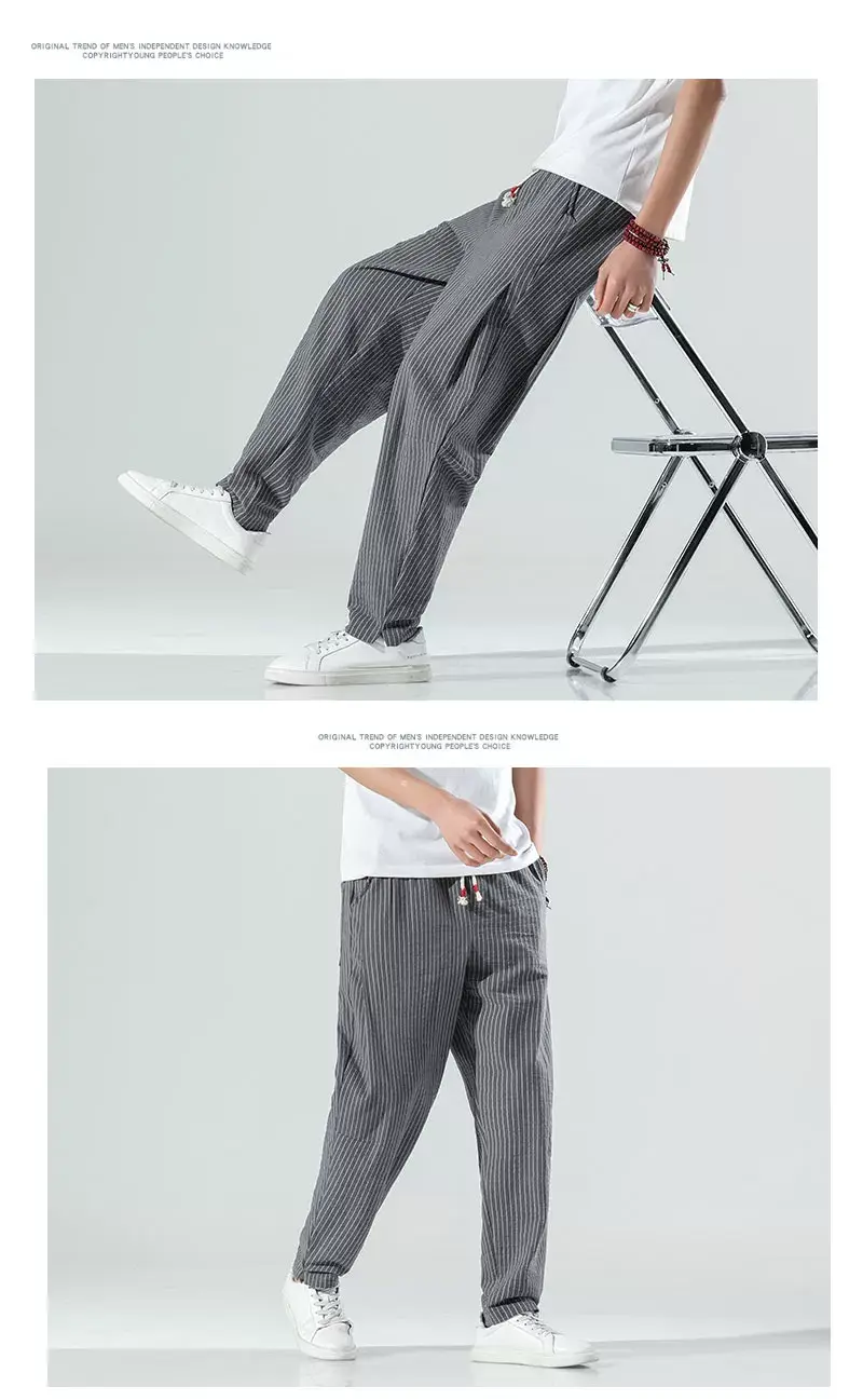 Men Striped Casual Pants Grey Linen Summer Wear — feature 8