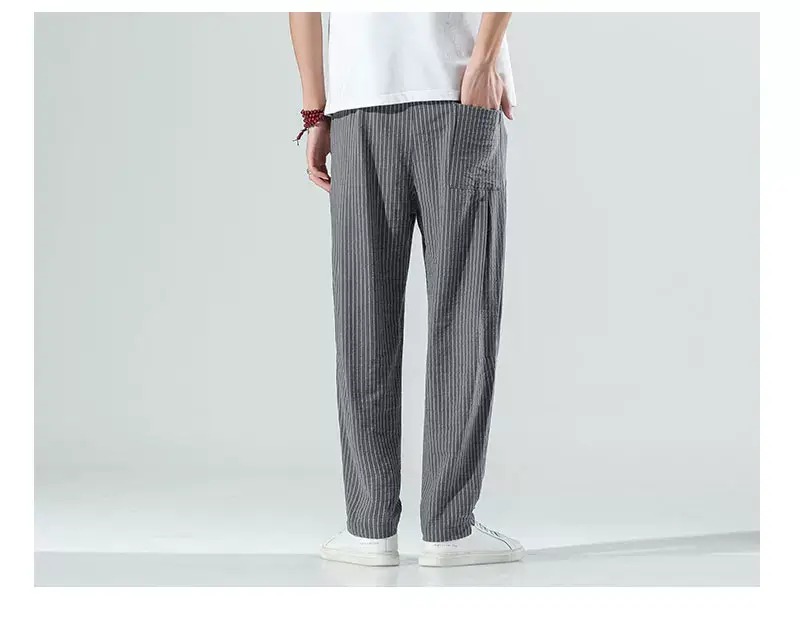 Men Striped Casual Pants Grey Linen Summer Wear — feature 9